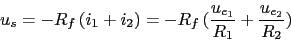 \begin{displaymath}u_{s}=-R_{f}\,(i_{1}+i_{2})=-R_{f}\,(\frac{u_{e_{1}}}{R_{1}}+\frac{u_{e_{2}}}{R_{2}})\end{displaymath}